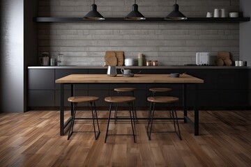 Poster - cozy kitchen with a rustic wooden table and stools. Generative AI