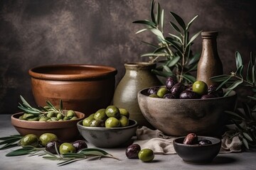 Poster - olives in bowls on wooden table. Generative AI