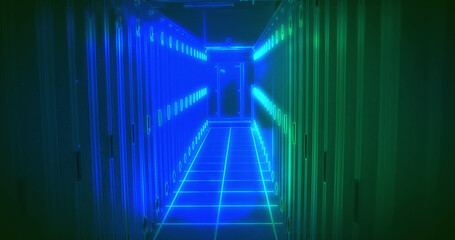 Poster - Composition of green and blue light over server room