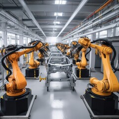 Poster - Industry 4.0 5G IOT Concept: Automated Robot Arm Assembly Line Manufacturing High-Tech Electric Vehicles. Analyzing AI Computer Vision. generative ai