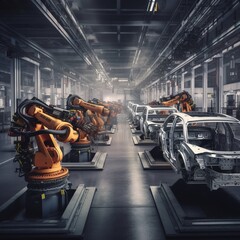 Poster - Cars on the production line in a factory. generative ai