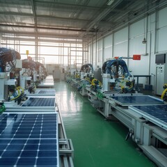Poster - Each module is created on the solar panel assembly line, factory robot. generative ai