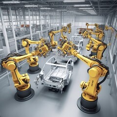 Poster - industrial of car, auto assembly line of cars in a factory. generative ai