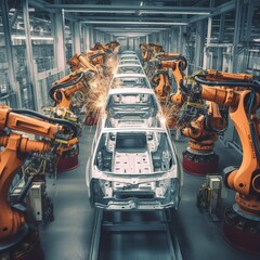 Poster - The auto assembly lines robotic arm is at work. generative ai