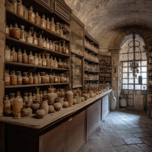 Old Pharmacy Interior. Wooden Table And Shelves With Variety Of Dusty Glass Bottles Staying Near Window On Stone Floor. Medicine, Chemistry, Pharmacy, Apothecary, Alchemy Concept. AI Generative