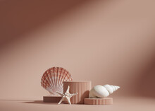 3D background, pink podium, display.Summer shells composition. Nature cosmetic or beauty product promotion step pedestal. Abstract minimal advertise. Studio 3D render. Pastel mockup with sun shadow.