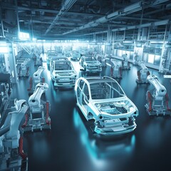 Poster - Car Factory Digitalization Industry. Automated Robot Arm Assembly Line Manufacturing High-Tech Electric Vehicles. AI Computer Vision Analyzing, Scanning Production Efficiency. generative ai
