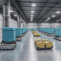 Poster - Automated Robot Carriers And Robotic Arm In Smart Distribution Warehouse. generative ai