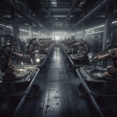 Canvas Print - Robot Workers In Factory. generative ai