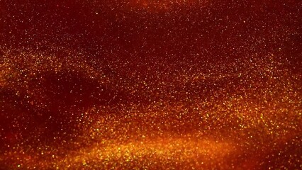 Wall Mural - Falling jets of gold particles in red liquid. Gold dust particles floating and dispersing in red fluid. Beautiful shiny moving background.