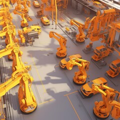 Poster -  Automated Robot Arm Assembly Line Manufacturing Advanced High-Tech Green Energy Electric Vehicles. Construction. generative ai