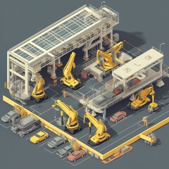 Poster - Aerial Car Factory. Automated Robot Arm Assembly Line Manufacturing Advanced High-Tech Green Energy Electric Vehicles. Construction. generative ai