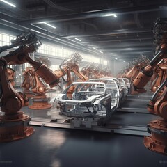 Poster - Car manufacturing has a cutting-edge conveyor system. Robot arm automated, industrial construction. generative ai