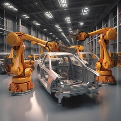 Sticker - Manufacture Car factory, modern conveyor line. Banner Automated robot arm, Industry construction. generative ai