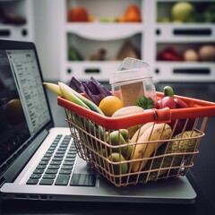 Wall Mural - Concept of online grocery shopping and food delivery. Food-filled shopping cart with laptop on store shelf. generative ai