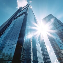 Wall Mural - Skyscraper glass facades on a bright sunny day with sunbeams in the blue sky. Modern buildings. generative ai