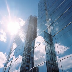Poster - Skyscraper glass facades on a bright sunny day with sunbeams in the blue sky. Modern buildings. generative ai