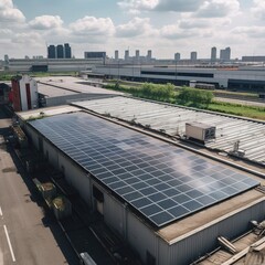 Canvas Print - Solar energy for factory or warehouse building. Solar panels on the roof of industrial plant. generative ai