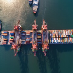 Canvas Print - Aerial view of a container ship loading and unloading in a deep sea port, business commercial trading logistics import and export freight transportation. generative ai