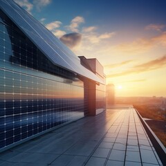 Wall Mural - solar panels mounted on building roof for producing clean ecological electricity at sunset. Production of renewable energy concept. generative ai