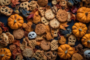 Poster - table filled with freshly baked cookies of different flavors and shapes. Generative AI