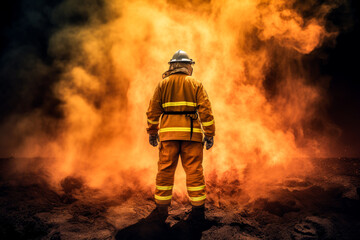 Firefighter stands in front of fire and smoke, view from behind, high quality generative ai