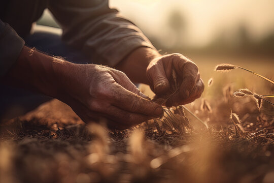 Wall Mural -  - Agriculture workers in the field during sunset, tending to crops and harvesting. A close-up of a farmer's hand holding a plant, hard work and dedication required in this profession. Generative ai.