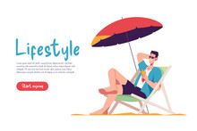 Young Man Sitting In Lounge Deck Chair At The Beach And Relaxing Drinking Cocktail. Vector Illustration