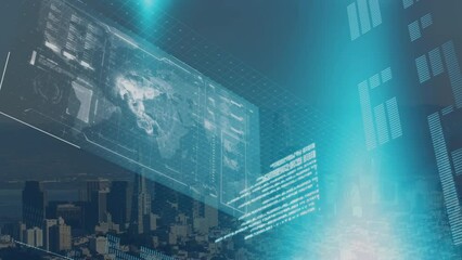 Poster - Animation of interface with data processing and blue light spots against aerial view of cityscape