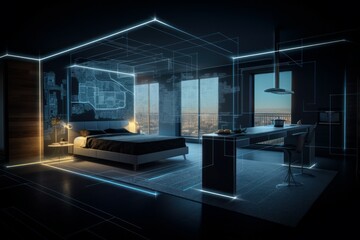 Abstract visualization of smart home, zoning and online control. Future housing concept. AI generated, human enhanced