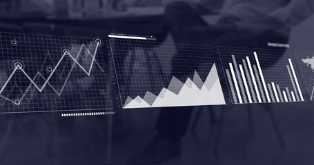 Poster - Animation of multiple graphs and map over midsection of businessman sitting in cafes