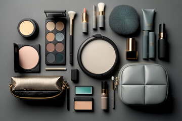 An elegant display of professional decorative cosmetics, makeup tools, accessories on grey background, forming a captivating flat lay composition. beautifully conveys the beauty, fashion Generative AI