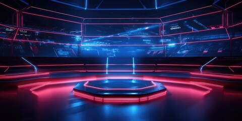 Wall Mural - Empty red and blue neon light stadium background for E-sport game battle. Generative AI.