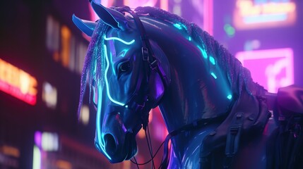 majestic horse cyberpunk, digital art illustration, Generative AI