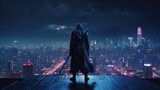 Samurai standing on the roof with night city neon lights on background. Generative AI.