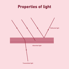 Reflection absorption and transmission of light. Light falls on a surface. Properties of light diagram. Vector illustration isolated on red background.