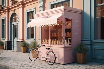 Wall Mural - Charming Ice-cream parlor  in a picturesque street with a delivery window, generative ai