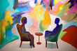 Concept art of psychotherapy, therapist and patient sitting at the table. Colorful background. Illustration. Generative ai