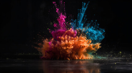 Wall Mural - Colorful Explosions: A Photorealistic World of Liquid and Paint Splatters, Glitter and Confetti Explosions, with Rainbow Colors, Dust, Smoke, Debris, and Fog, Enhanced by AI-Generative Technology