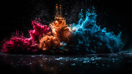 Wall Mural - Colorful Explosions: A Photorealistic World of Liquid and Paint Splatters, Glitter and Confetti Explosions, with Rainbow Colors, Dust, Smoke, Debris, and Fog, Enhanced by AI-Generative Technology