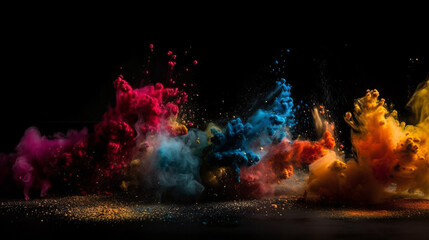 Wall Mural - Colorful Explosions: A Photorealistic World of Liquid and Paint Splatters, Glitter and Confetti Explosions, with Rainbow Colors, Dust, Smoke, Debris, and Fog, Enhanced by AI-Generative Technology