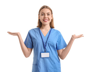 Wall Mural - Female intern with badge on white background