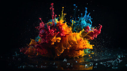 Wall Mural - Colorful Explosions: A Photorealistic World of Liquid and Paint Splatters, Glitter and Confetti Explosions, with Rainbow Colors, Dust, Smoke, Debris, and Fog, Enhanced by AI-Generative Technology