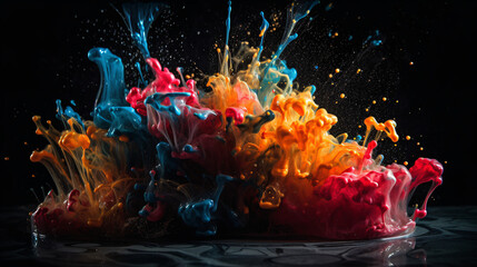 Wall Mural - Colorful Explosions: A Photorealistic World of Liquid and Paint Splatters, Glitter and Confetti Explosions, with Rainbow Colors, Dust, Smoke, Debris, and Fog, Enhanced by AI-Generative Technology