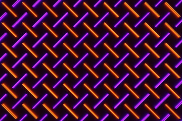Fototapete - 3d illustration of rows of  orange and purple stripes flanking cells. Set of mesh on dark background. Square pattern. Technology geometry  background
