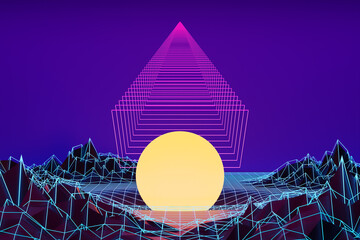  3d rendering, Virtual reality. Design in the style of the 80s.  Futuristic synthesizer retro wave illustration