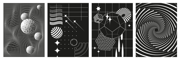 Fototapete - Set of abstract geometric figures contemporary artwork, abstract monochrome set posters, cover, invitation inspired brutalism. Vector illustration with 3d wireframe models, 00s Y2k retro futuristic.	