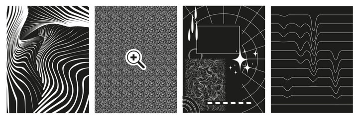 Fototapete - Set of abstract geometric figures contemporary artwork, abstract monochrome set posters, cover, invitation inspired brutalism. Vector illustration with 3d wireframe models, 00s Y2k retro futuristic.	