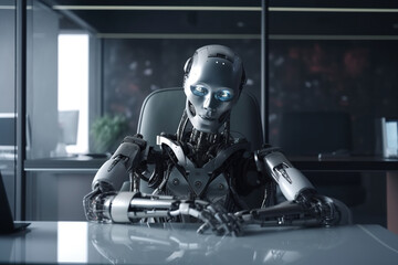 Poster - Robot humanoid working in modern office. Artificial intelligence concept. Generative AI