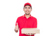 © Kung37 - Asian delivery man in red shirt and cap standing with parcel post box isolated on white background with clipping path. Concept Deliveryman.